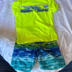 ZeroXposur Neon Yellow and Blue Shark Rashguard Set size 8